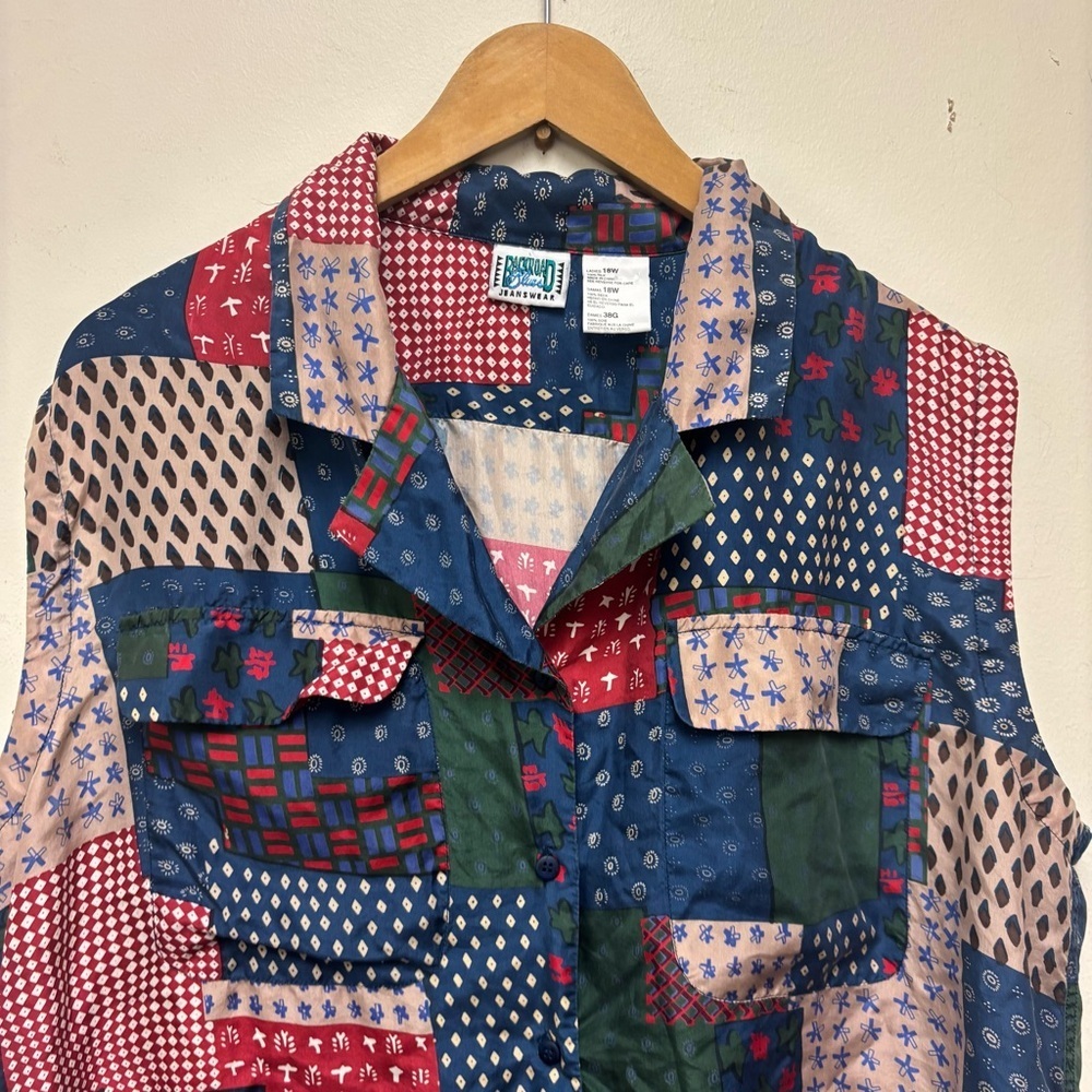 Vintage Backroad Blues Patchwork Silk Blouse - Picture 5 of 8